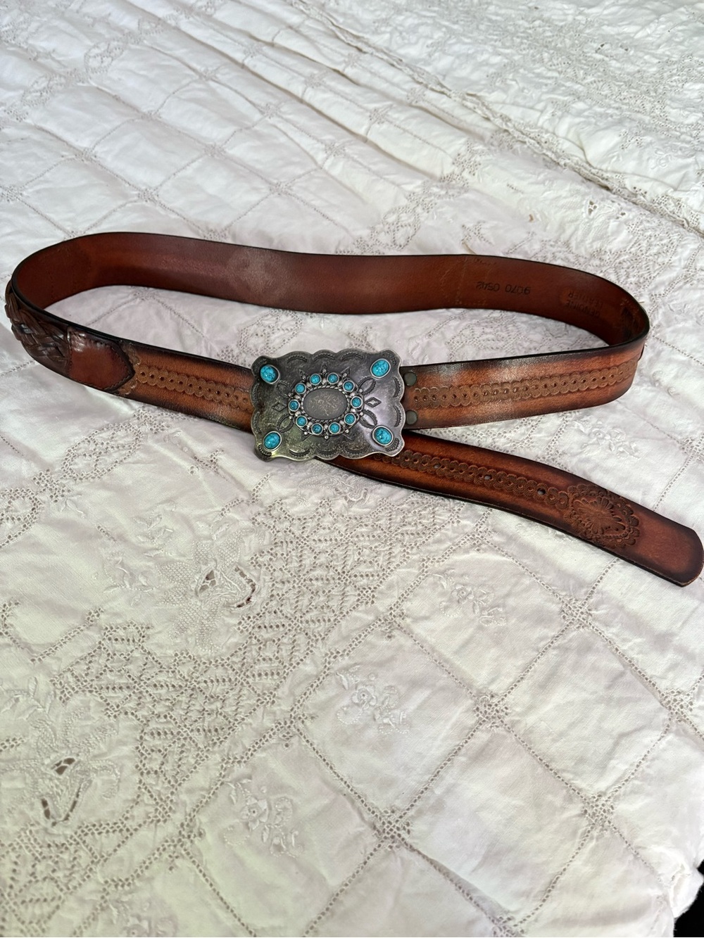Brown Leather Belt with Turquoise Accent Concho XL